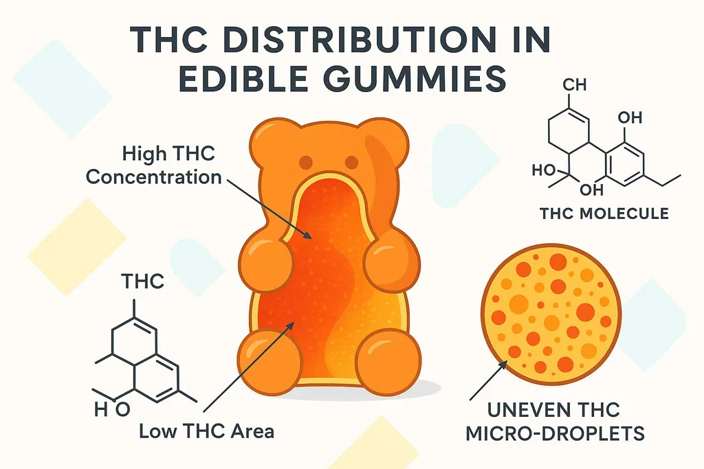 Educational infographic showing THC distribution in a sliced-open gummy bear, with labelled zones of high and low THC concentration, detailed molecular diagrams, and a zoomed section illustrating uneven THC micro-droplets inside the gummy’s gel matrix.