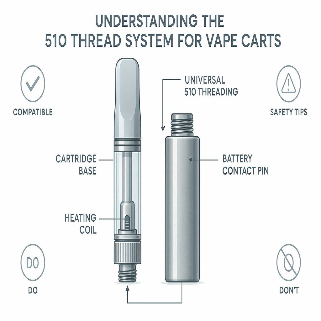 Infographic showing a labeled cross-section of a vape cartridge and 510-thread battery, highlighting the universal threading, cartridge base, contact pin, and heating coil. Annotations, icons for compatibility and safety, and a clear title enhance accessibility and educational clarity.