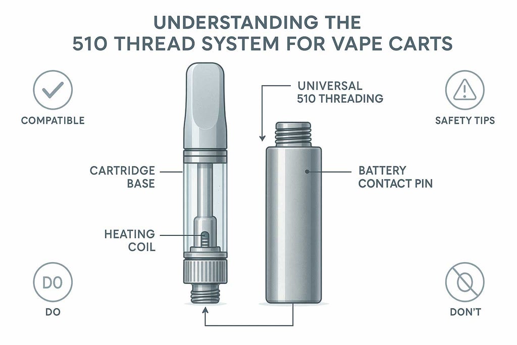 Infographic showing a labeled cross-section of a vape cartridge and 510-thread battery, highlighting the universal threading, cartridge base, contact pin, and heating coil. Annotations, icons for compatibility and safety, and a clear title enhance accessibility and educational clarity.