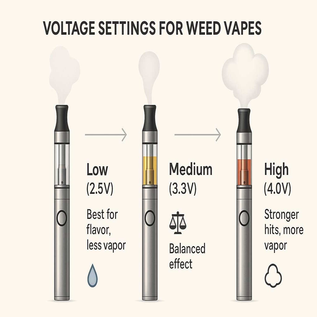 Infographic shows three vape pens illustrating low, medium, and high voltage settings, each with colored vapor clouds and icons highlighting flavour, balance, and intensity. Clear callouts describe each voltage’s effect for weed vapes on a minimalist white background.