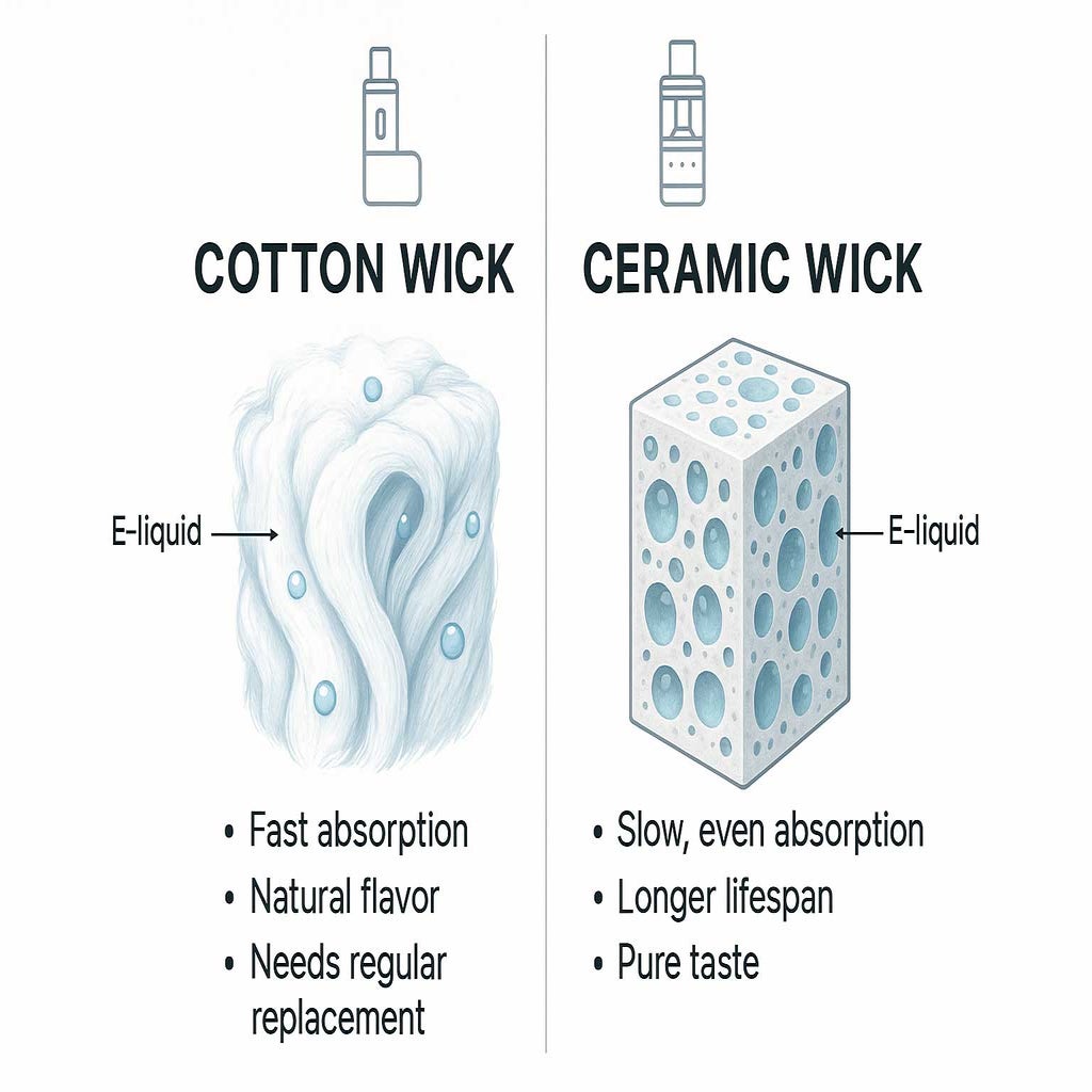 Educational infographic compares cotton and ceramic wicking materials in vape devices. It shows detailed cutaway illustrations, labeled structural differences, e-liquid absorption, and key features like absorption rate and lifespan, all on a clean, accessible white background with clear text and icons.