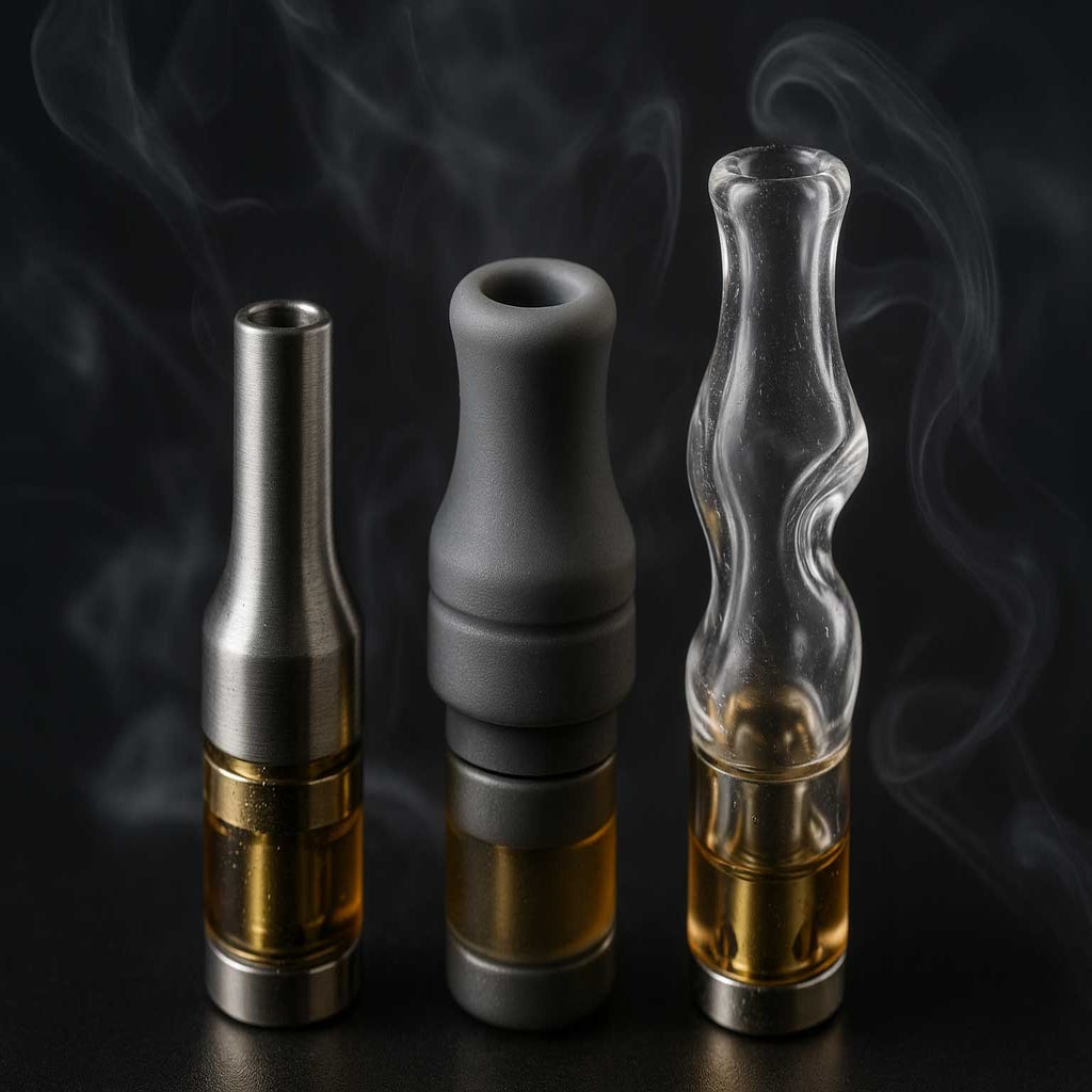 Macro photograph showing three vape mouthpieces metal, silicone, and glass, on a matte black surface, highlighting their textures, condensation, and vapour wisps. Designed to showcase airflow options and material differences for cannabis vaping.