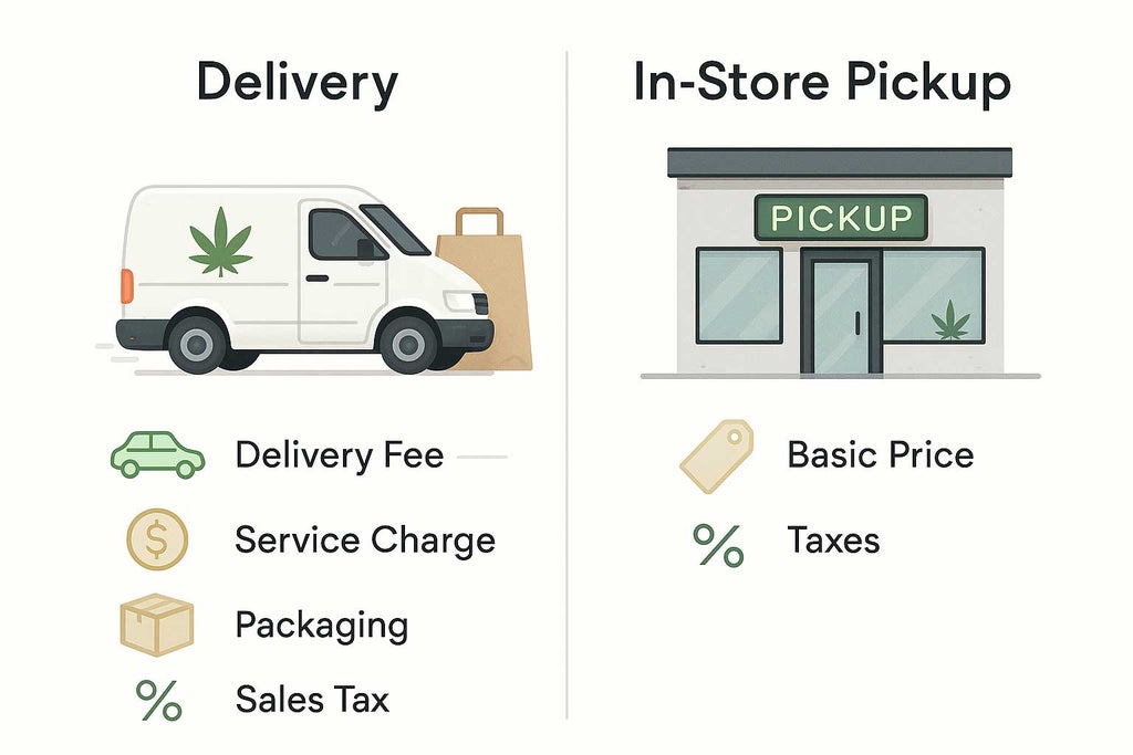 Infographic compares weed delivery and in-store pickup costs. Delivery side features a van with a cannabis logo and price breakdown icons; in-store side shows a dispensary storefront and pickup cost icons. Design uses minimalist illustrations, green and gold accents, and clear cost comparisons for accessibility.