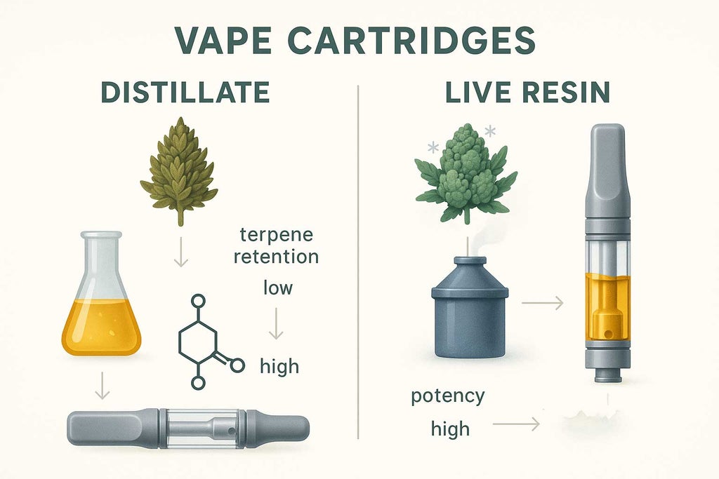 Infographic comparing distillate oil and live resin vape cartridges, with flat vector illustrations showing their extraction methods, vape cart appearance, and labeled terpene retention, purity, and potency. Clear visual contrast between dried cannabis distillate process and fresh-frozen live resin process on white background.