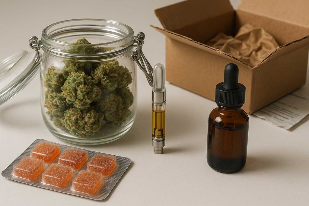 Assorted cannabis products, flower buds, vape cartridge, gummies, and tincture bottle, showing subtle freshness and wear, artfully arranged on a white studio background with a partially opened delivery box, illustrating product condition immediately after fast delivery.