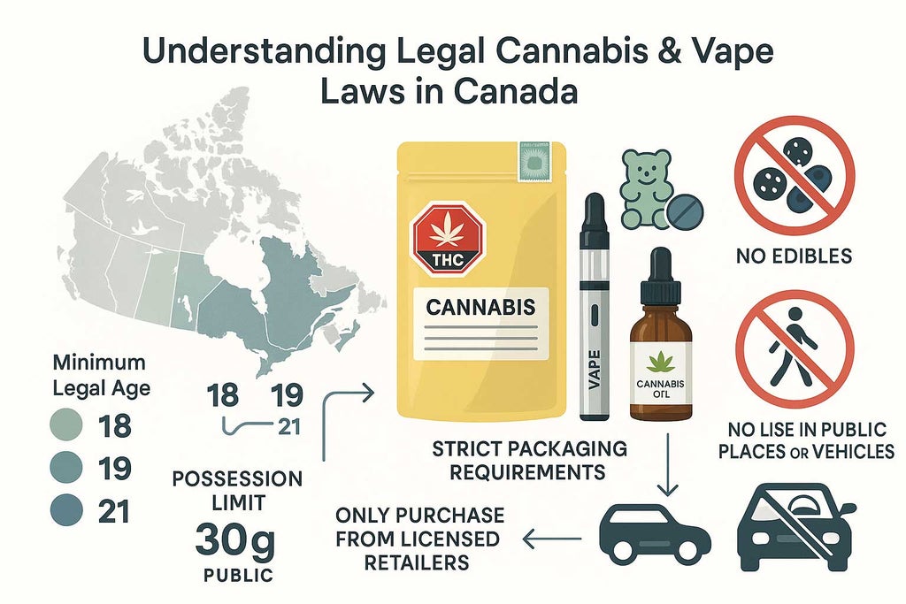 Infographic illustrating legal cannabis and vape regulations in Canada, with a color-coded map of provinces’ minimum ages, approved product visuals, prohibition icons for edibles, schools, and driving, plus key callouts about possession limits, packaging, and licensed retailers.