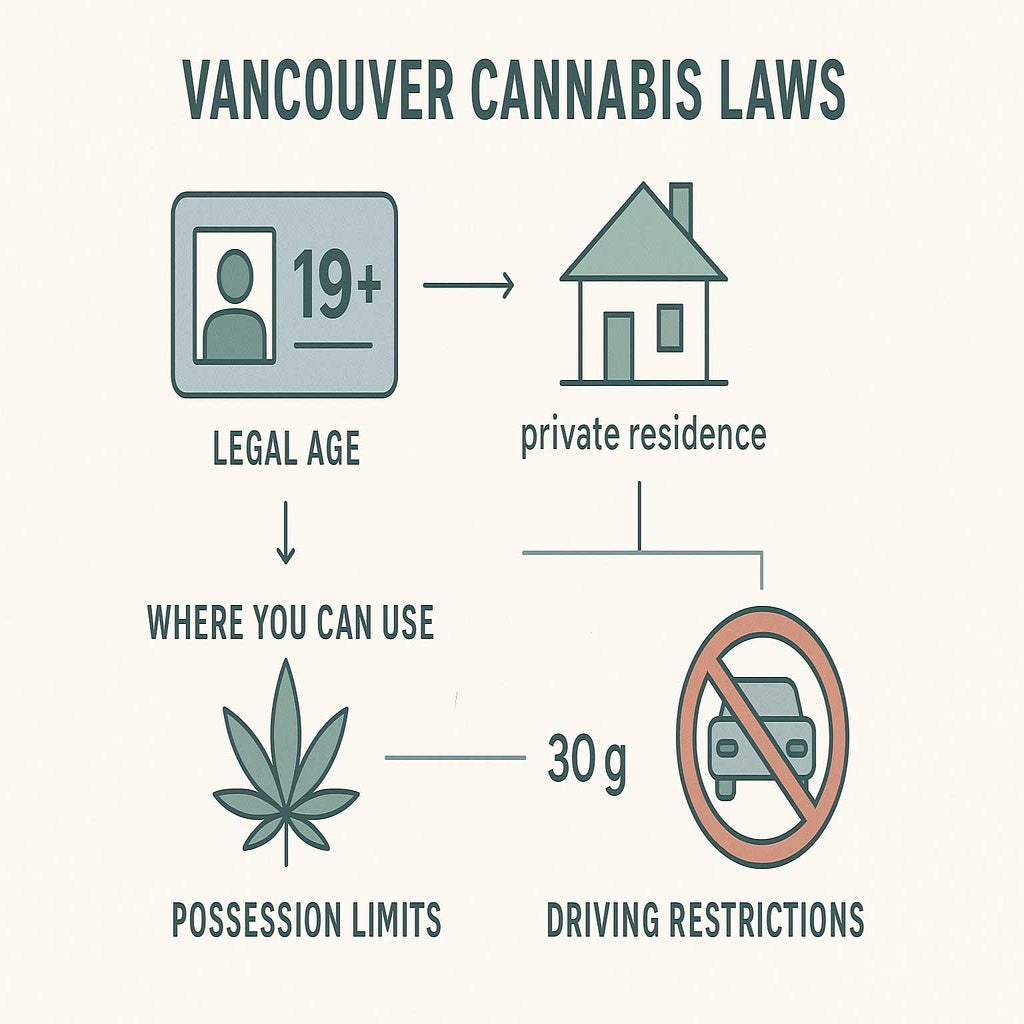 Minimalist infographic illustrating Vancouver cannabis laws, with sections on legal age, usage locations, possession limits, and driving restrictions. Features vector icons: ID card marked 19+, private residence, crossed-out car, and cannabis leaf portion, all set on a clean, accessible design.