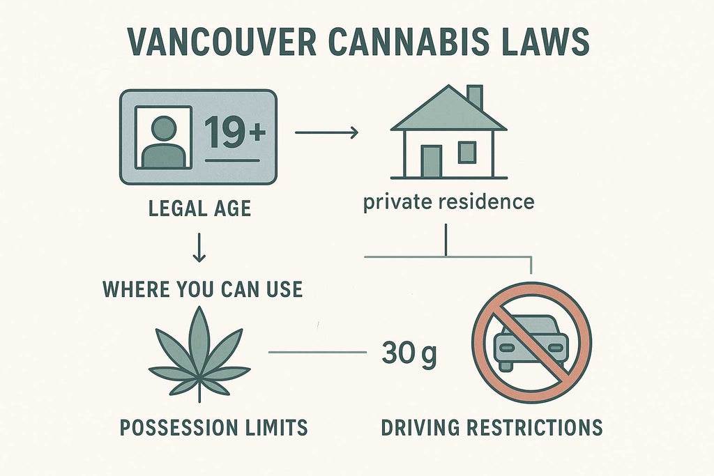 Minimalist infographic illustrating Vancouver cannabis laws, with sections on legal age, usage locations, possession limits, and driving restrictions. Features vector icons: ID card marked 19+, private residence, crossed-out car, and cannabis leaf portion, all set on a clean, accessible design.
